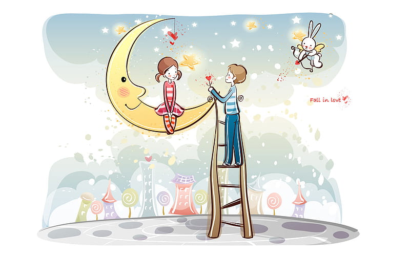 give you the moon, moon, boy, girl, feeling, love, pencil draw, bonito, happy, HD wallpaper