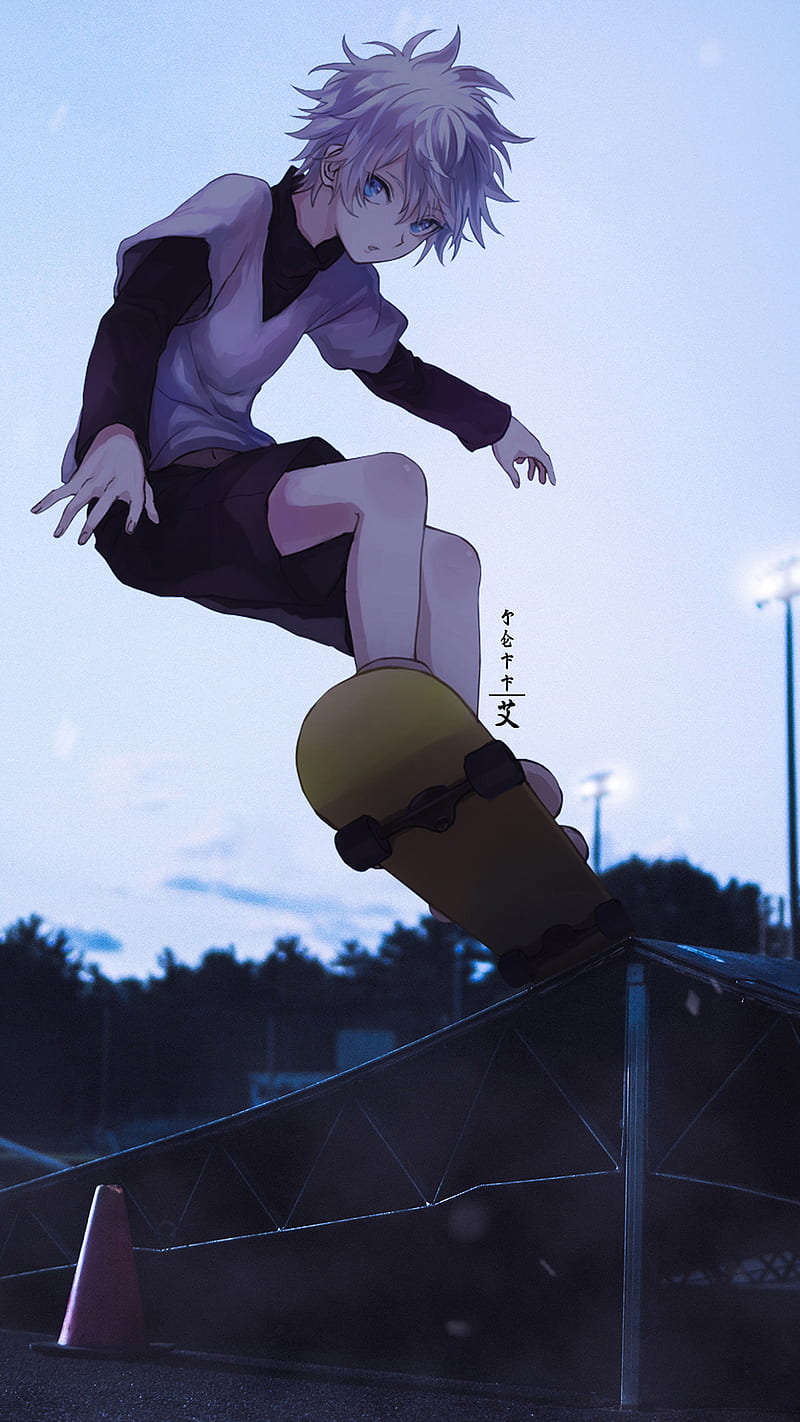 Anime girl with blue hair and a red scarf skateboarding, animes de  skateboarding 