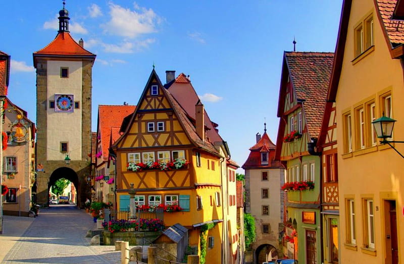 Bavarian Village, church steeple, houses, blue sky, bavaria, stores, HD wallpaper