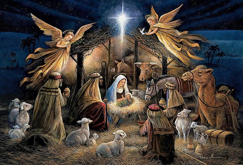 In The Manger, artwork, painting, sheep, holy kings, mary, joseph, angels, child, christmas, HD wallpaper