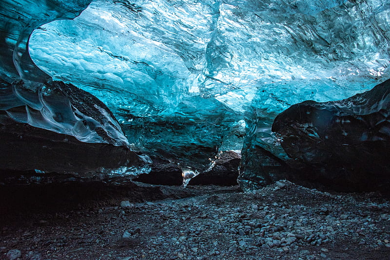 cave, ice, ice floe, stones, HD wallpaper
