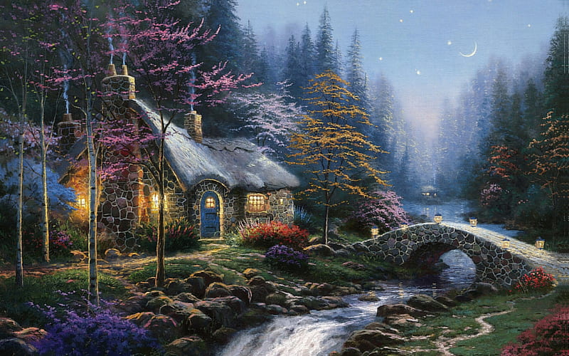 Twilight cottage, twilight, thomas kinkade, art, cottage, painting, pictura, HD wallpaper