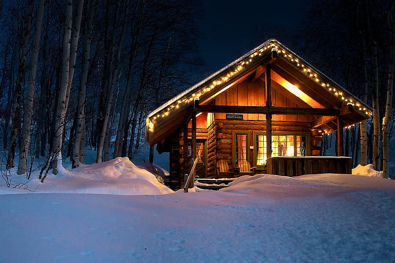 Winter Cabin at Night, snow, cabin, trees, lights, steps, winter, HD wallpaper