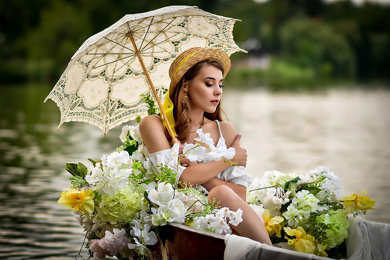 ლ, Umbrella, Boat, Flowers, Hat, HD wallpaper