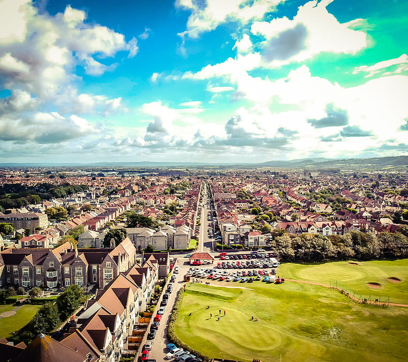 Weston city, air footage, architectural, blue sky, buildings, carros, clouds, drone, england, from air, grass, holiday, home, horizon, houses, land, landscape, nature, people, graphy, real, road, roof, somerset, travel, uk, vehicles, victorian, view, visit, vultursebastian, wes, HD wallpaper