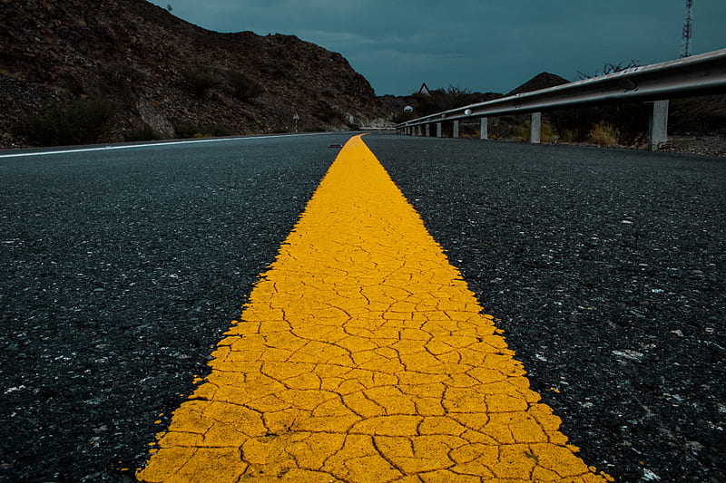Texture, road, leading lines, yellow, dark, moody, weather, stormy, lonely, mountains, HD wallpaper