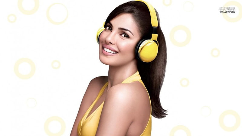 priyanka-chopra, indian celebritiy, yellow dress, smile, headphone, HD wallpaper