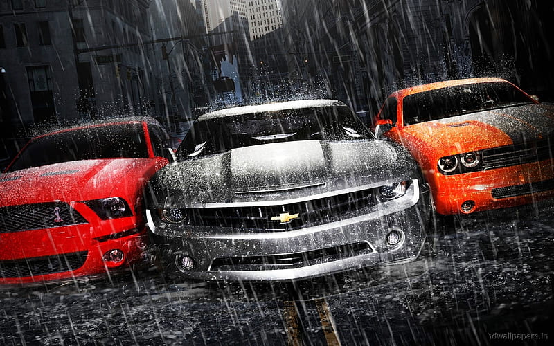 Mustang Camaro Dodge, super, action, desenho, power, sportcar, speed, chevrolet, car, rain, dodge, 1920x1200, style, fast, shiny, HD wallpaper
