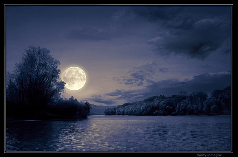 FULL MOON, moon, trees, clouds, sky, lake, night, HD wallpaper