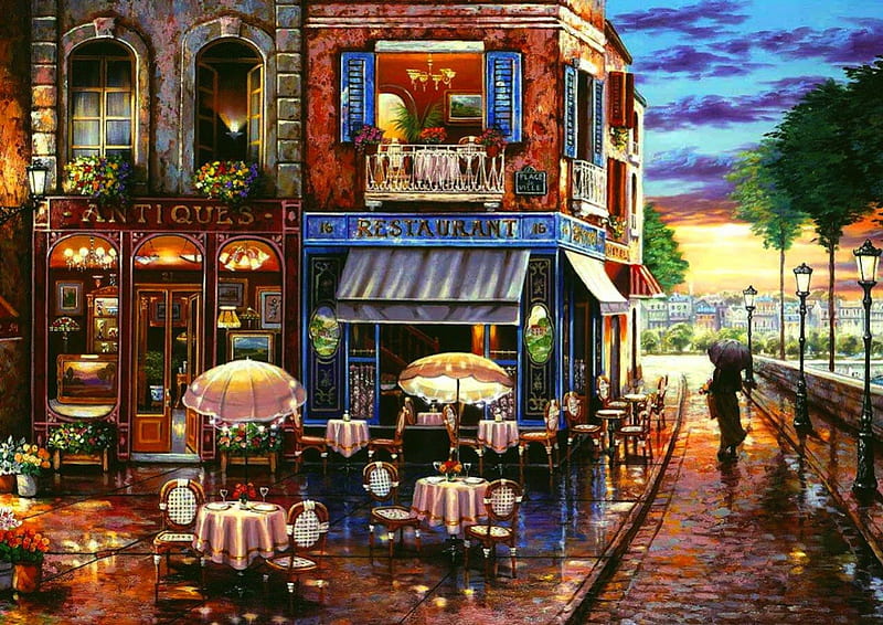Restaurant On the Corner, table, wet, balcony, umbrella, antiques, restaurant, raining, shops, chairs, flowers, HD wallpaper