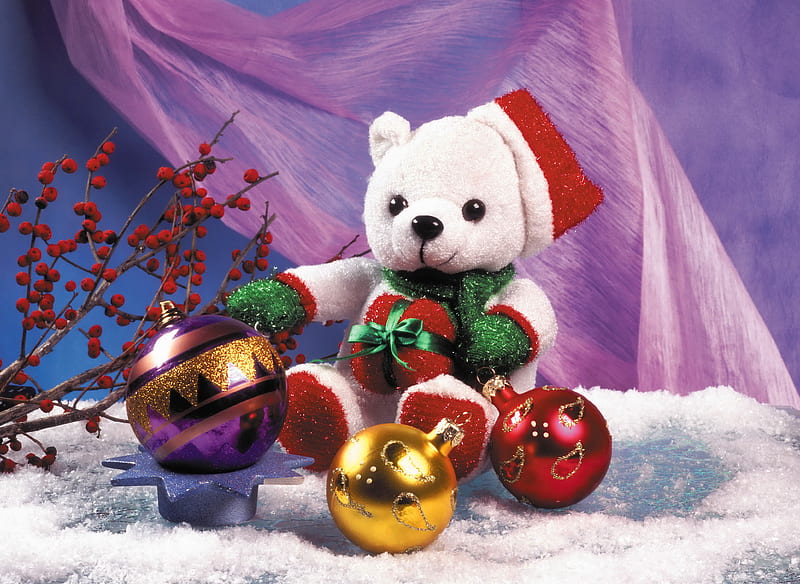 Christmas teddy bear, colorful, lovely, christmas, teddy, decoration, bear, bonito, new year, nice, balls, snow, reflection, white, branches, HD wallpaper