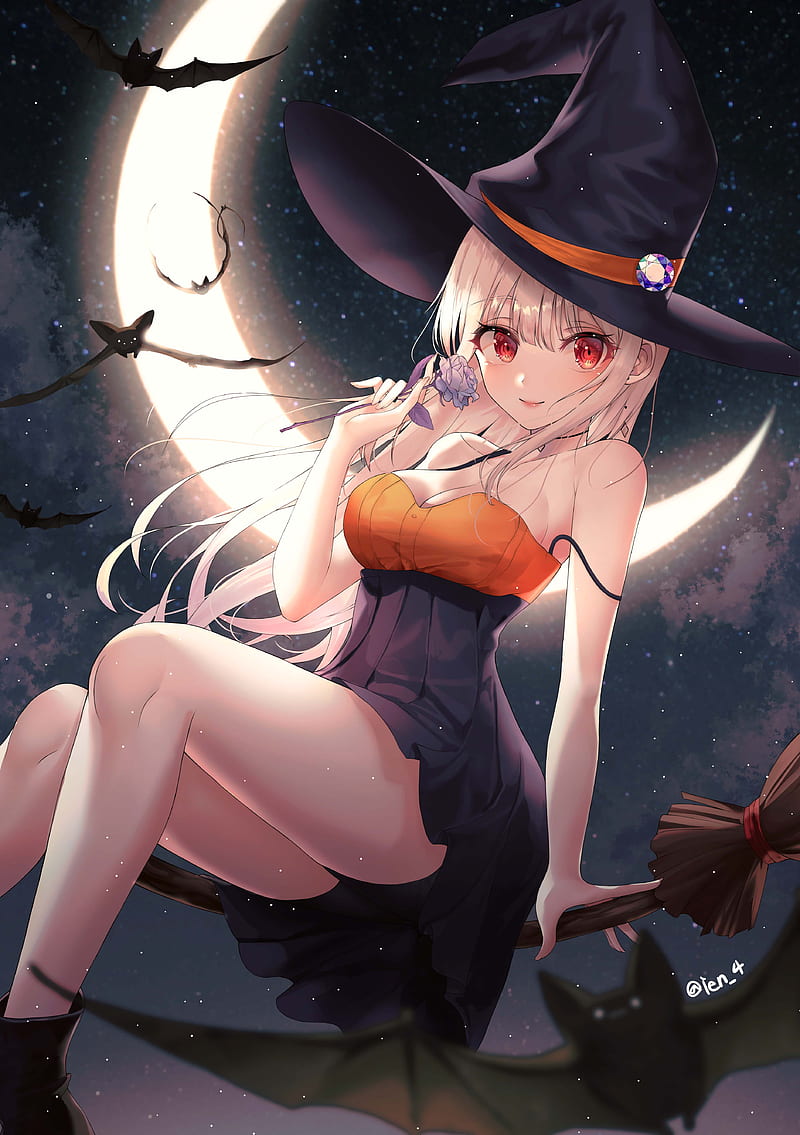 artwork, 2D, witch, witch hat, bats, broom, anime girls, Ien 4, Halloween, night, Moon, HD phone wallpaper