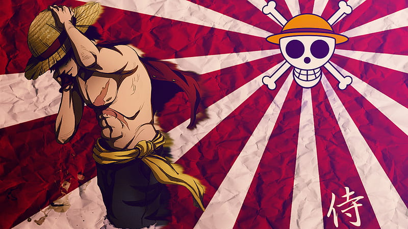 Monkey D. Luffy, male, skull and bones, shirtless, straw hat, scars, one piece, hat, shorts, anime, lone, luffy d monkey, luffy, monkey d luffy, HD wallpaper