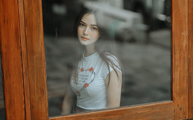 Girl behind Window, pretty, brunette, window, girl, HD wallpaper