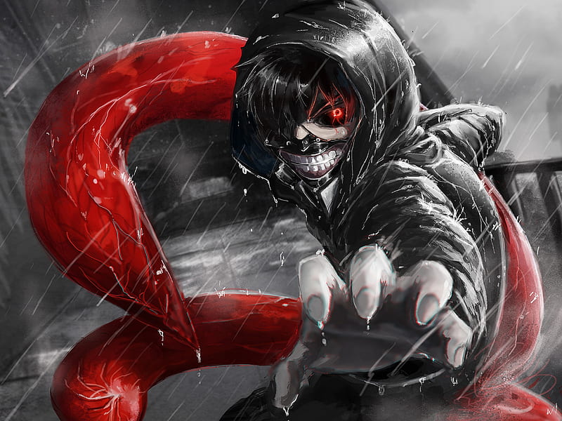 Anime, lluvia, máscara, capucha, ojos rojos, cabello negro, ken kaneki,  terror en tokyo, Fondo de pantalla HD | Peakpx