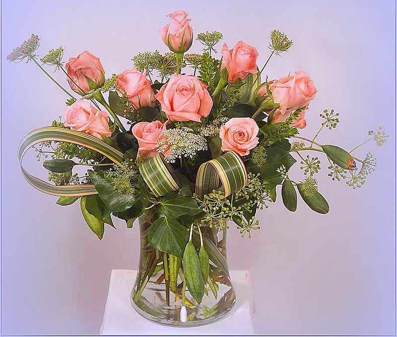 Roses for October birtays, flowers, vase, roses, green leaves, pink, blue, HD wallpaper