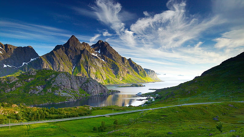Nordic landscape., mountain, house, cloud, road, sky, nordic, lake, landscape, HD wallpaper