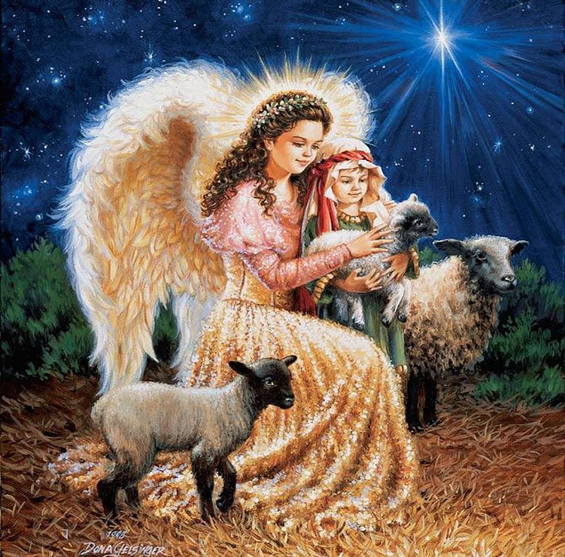 Christmas Angel, bethlehem, sheep, painting, child, artwork, star, HD wallpaper