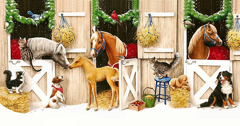 Christmas at the Stable F2mp, Christmas, art, holiday, December, equine, illustration, artwork, canine, horses, feline, painting, wide screen, occasion, scenery, cats, dogs, HD wallpaper