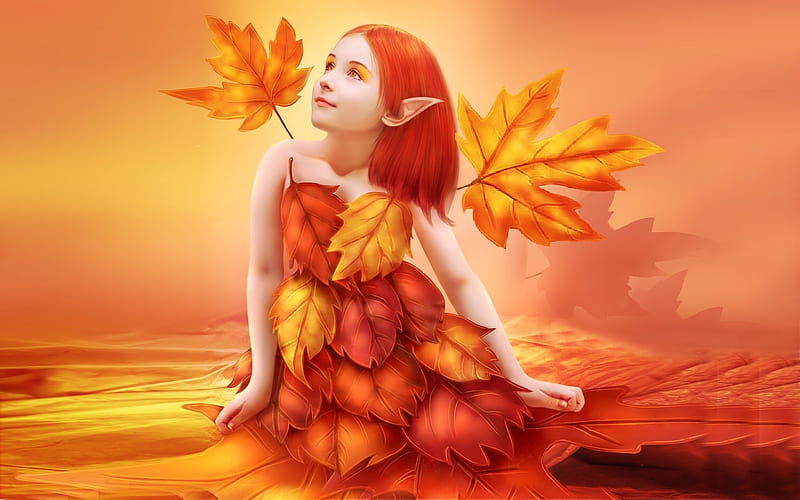 Little Autumn Elf, Elf, magical, elves, Fall, autumn, orange, yellow, sweet, fantasy, enchanting, leaves, HD wallpaper