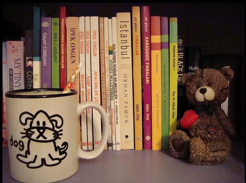 Books and coffee, coffee, books, textbooks, bear, toy, cup, tea, HD wallpaper