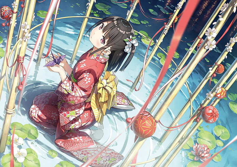 kimono, anime girl, water, brown hair, ponytail, Anime, HD wallpaper