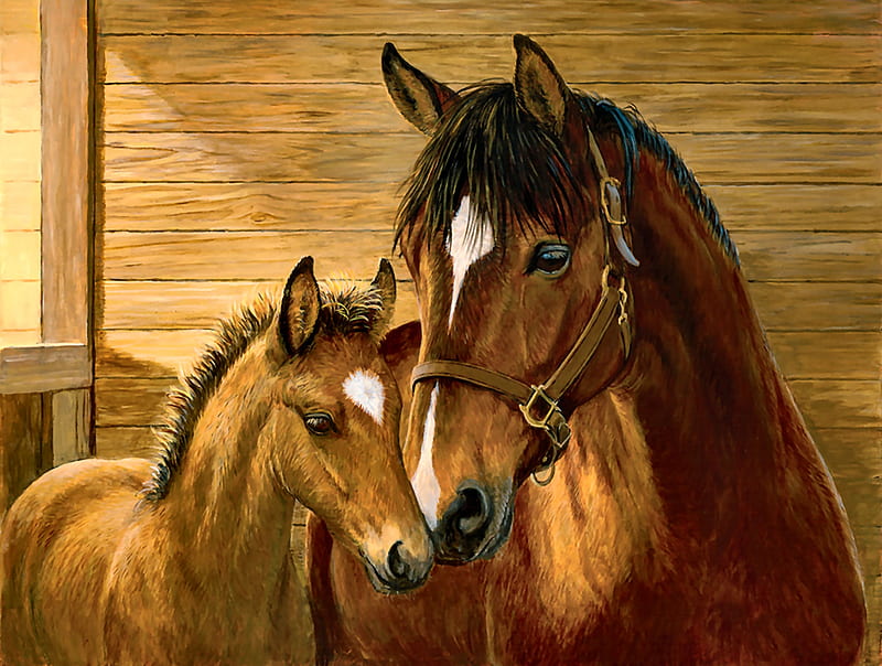 Fancy and Glo - Horses, art, equine, bonito, foal, horse, illustration, artwork, animal, painting, wide screen, mare, HD wallpaper