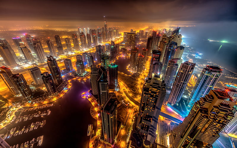 Dubai fog, nightscapes, modern buildings, skyscrapers, UAE, HD wallpaper