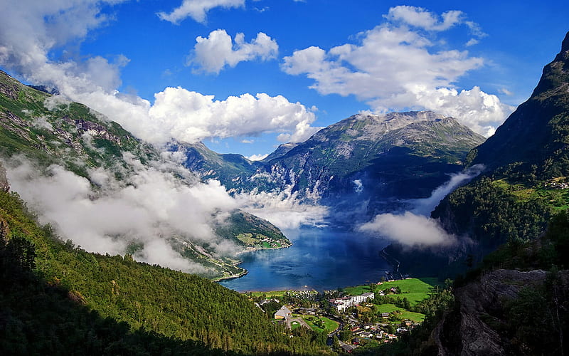 Norway, mountains, fjord, summer, town, beautiful landscape, HD wallpaper