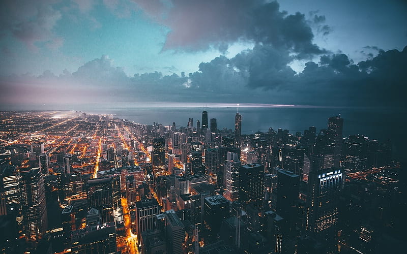 Chicago, skyscrapers, evening city, buildings, Illinois, horizon, America, USA, HD wallpaper