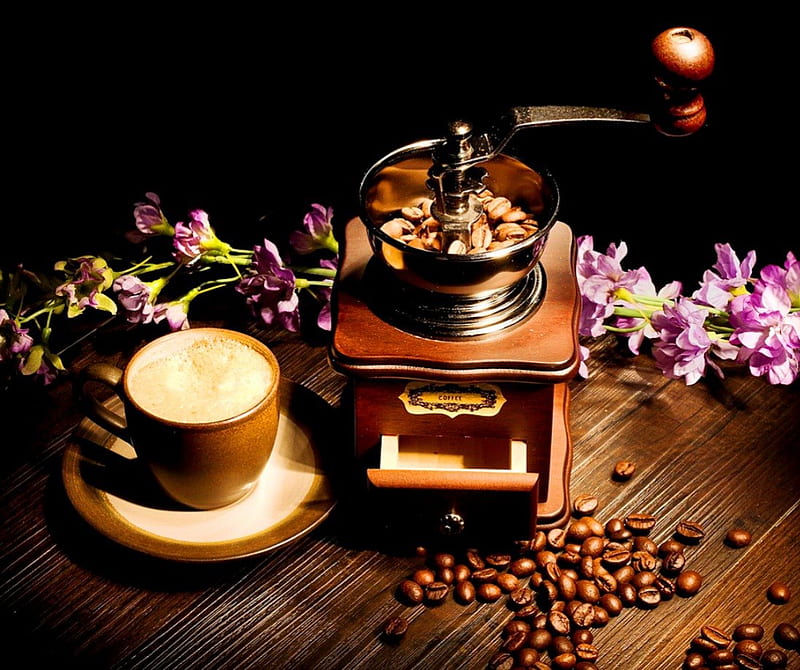 Coffee - still life, table, la maquina, grinder, abstract, coffee beans, still life, graphy, coffee, cup, flowers, pink, vintage, HD wallpaper