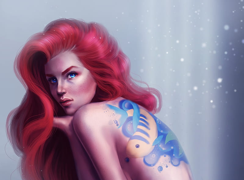 Ariel, fanart, art, luminos, redhead, tattoo, mermaid, sandra winther, fantasy, girl, summer, sandramalie, siren, HD wallpaper