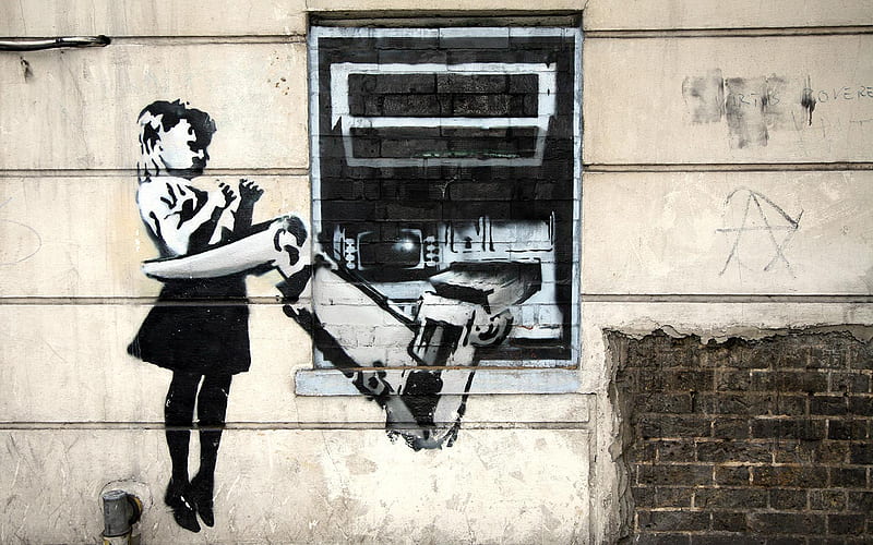 The Picker Upper, little girl, grafitti, window, robot arm, HD wallpaper