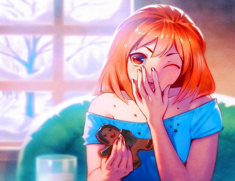 Girl Eating A Gingerbread Man, Milk, Anime, Redhead, Girl, Cookie, Gingerbread, HD wallpaper