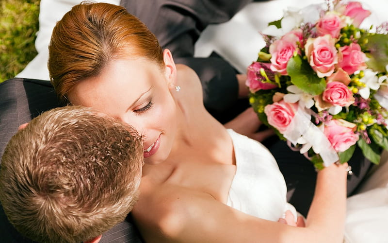 Wedding, Kissing, Love, Couple, Flowers, HD wallpaper