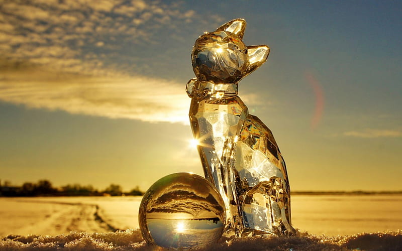 Ice cat, yellow, sunset, cat, sculpture, winter, glass, ball, ice, figurine, HD wallpaper