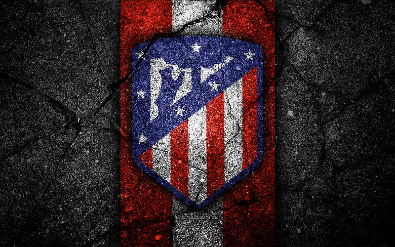 Atletico Madrid FC, new logo, La Liga, soccer, black stone, football club, Spain, Atletico Madrid, emblem, LaLiga, Atletico Madrid new logo, asphalt texture, HD wallpaper