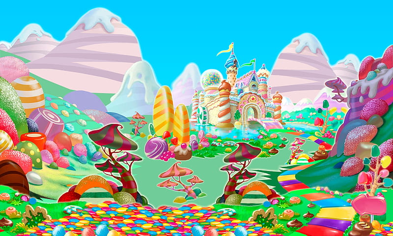 Wonderland, candy, colorful, sweets, food, yellow, fantays, dessert, green, pink, blue, HD wallpaper