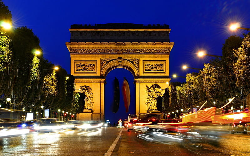 lights at the arc de triomphe in paris, city, monument, street, lights, HD wallpaper