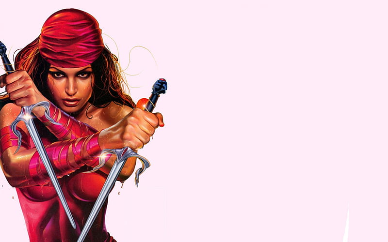 Elektra, pink background, sais, weapons, illustrations, graphics, Greg Horn, Marvel Comics, HD wallpaper
