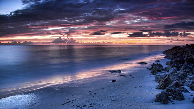 lavender sky at twilight, beach, rocks, lavender, twilight, clouds, sea, HD wallpaper
