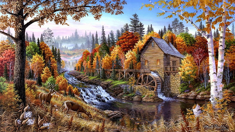 old mill in autumn, autumn, painting, nature, old mill, HD wallpaper