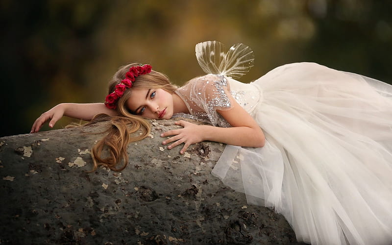 stone, girl, forest fairy, wreath, HD wallpaper