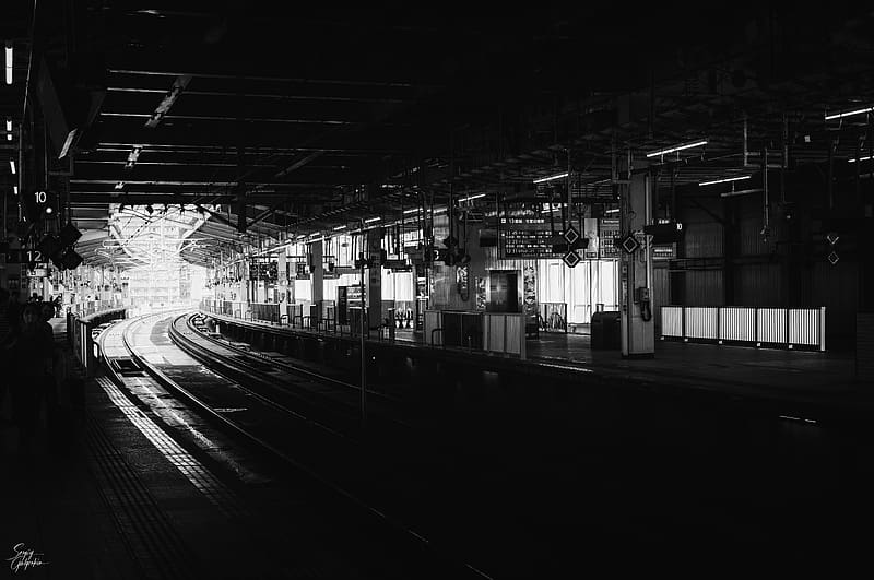 subway, railway, rails, black and white, HD wallpaper