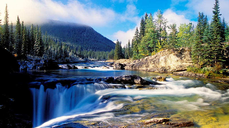 elbow river and falls in alberta, rocks, mountains, river, trees, clouds, falls, HD wallpaper