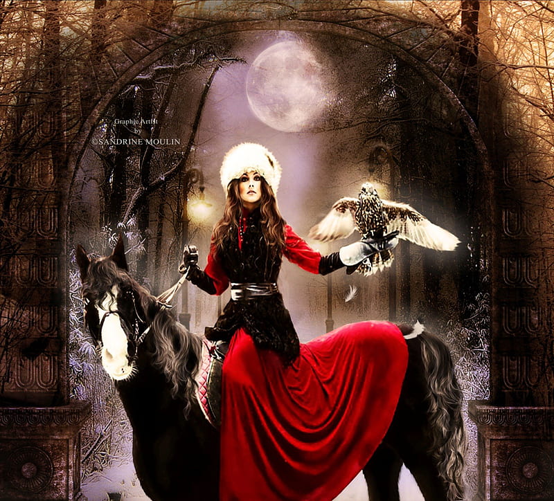 Mes Chers amis, red, fantasy, bird, horse, lady, HD wallpaper