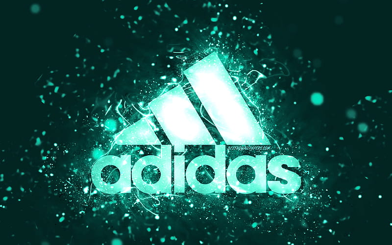 Adidas turquoise logo, turquoise neon lights, creative, turquoise abstract background, Adidas logo, brands, Adidas, HD wallpaper