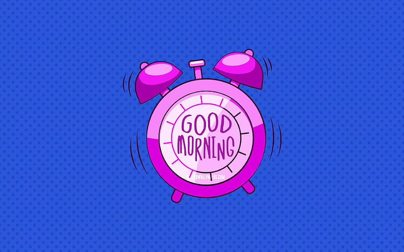 Good Morning, violet alarm clock blue dotted backgrounds, good morning wish, creative, good morning concepts, minimalism, good morning with clock, HD wallpaper