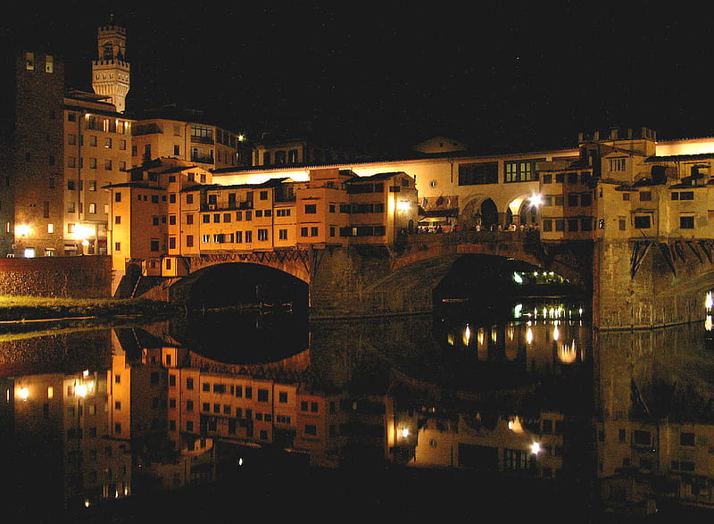 Florence, Italy, Ponte (bridge) Vecchio, water, arch, bridge, black sky, reflection, lights, night, HD wallpaper