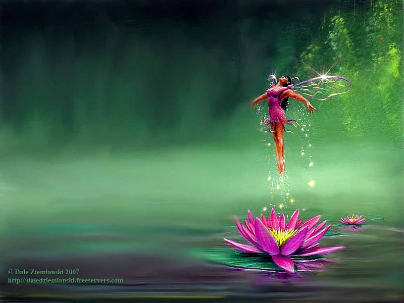 Birth of a Water Nymph, water, colourful, green cenary, girl, water drops, lilly, waternymph, HD wallpaper